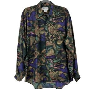 Vintage Oleg Cassini 100% Silk Purple & Green Casual Button Down Shirt Small